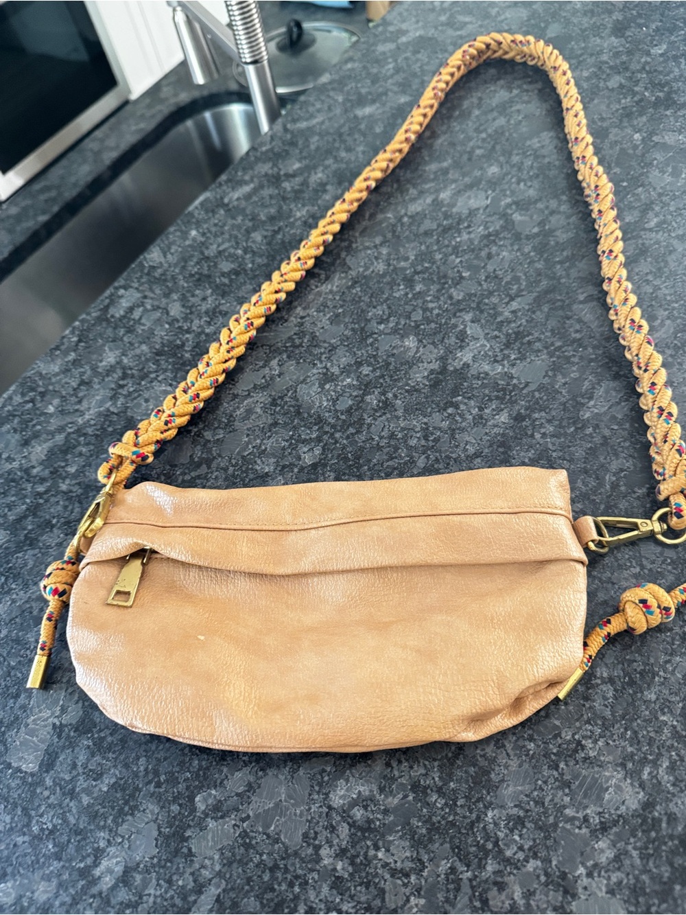 Braided-Strap Leather Crossbody Bag in Tan